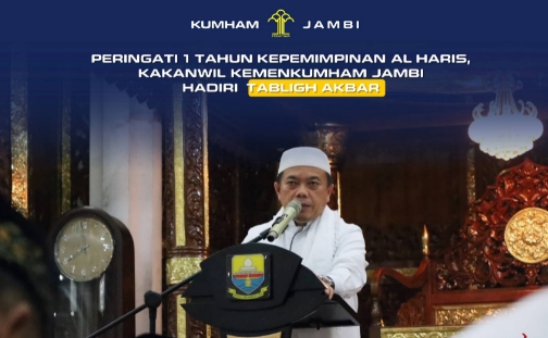 Peringati 1 Tahun Kepemimpinan Al Haris, Kakanwil Kemenkumham Jambi Hadiri Tabligh Akbar