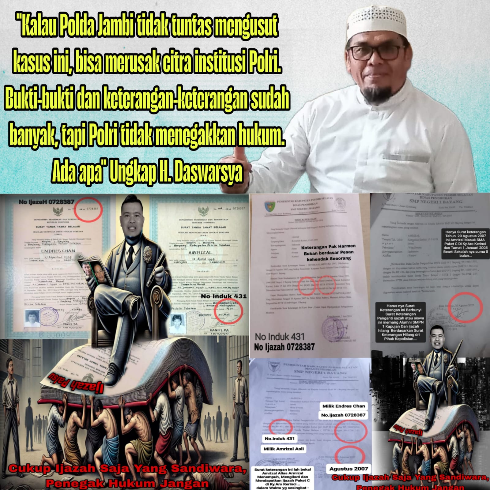 Tokoh Masyarakat Kerinci Desak Polda Jambi Selsaikan Khasus Amrizal