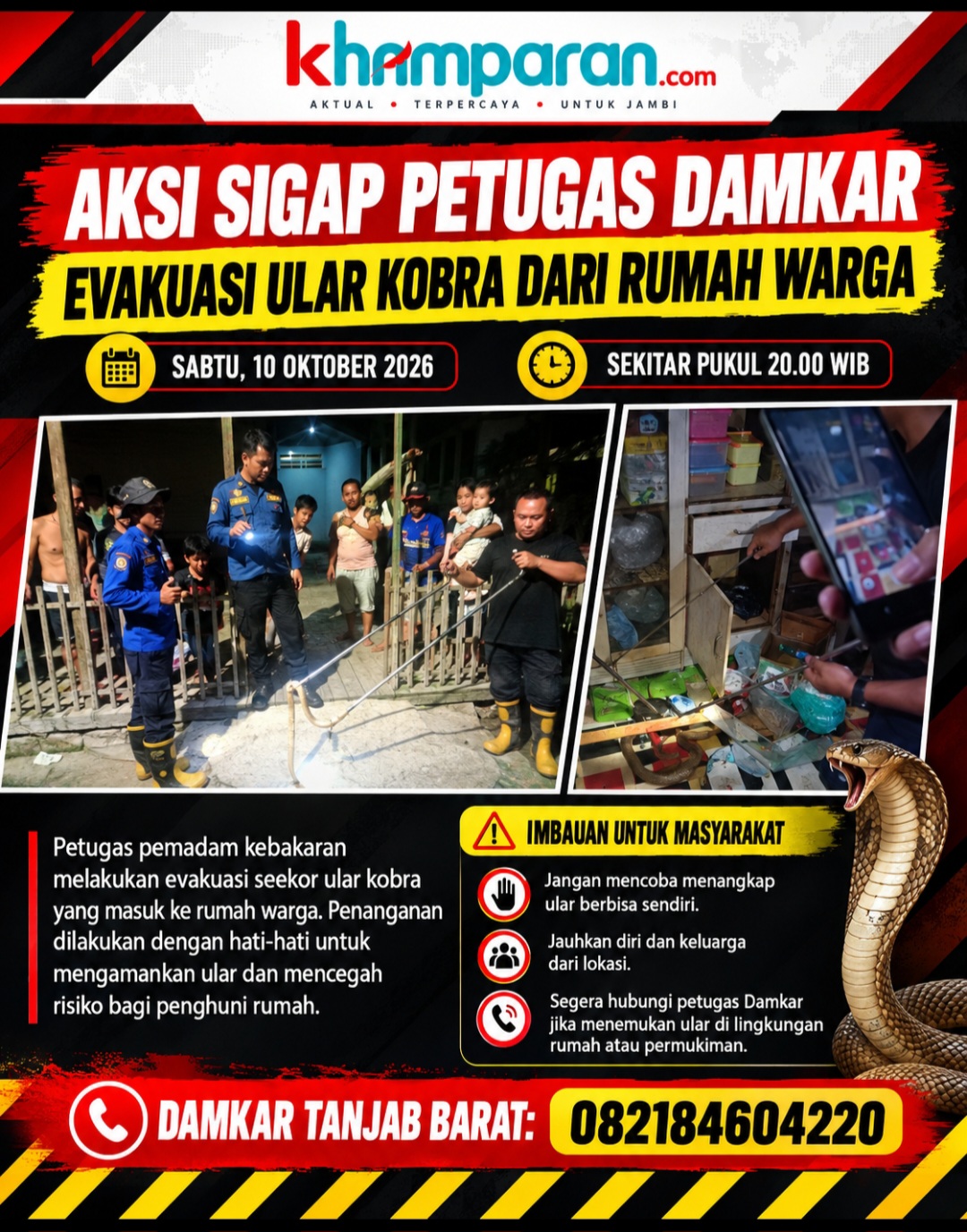 Aksi Sigap Petugas Damkar Evakuasi Ular Kobra dari Rumah Warga